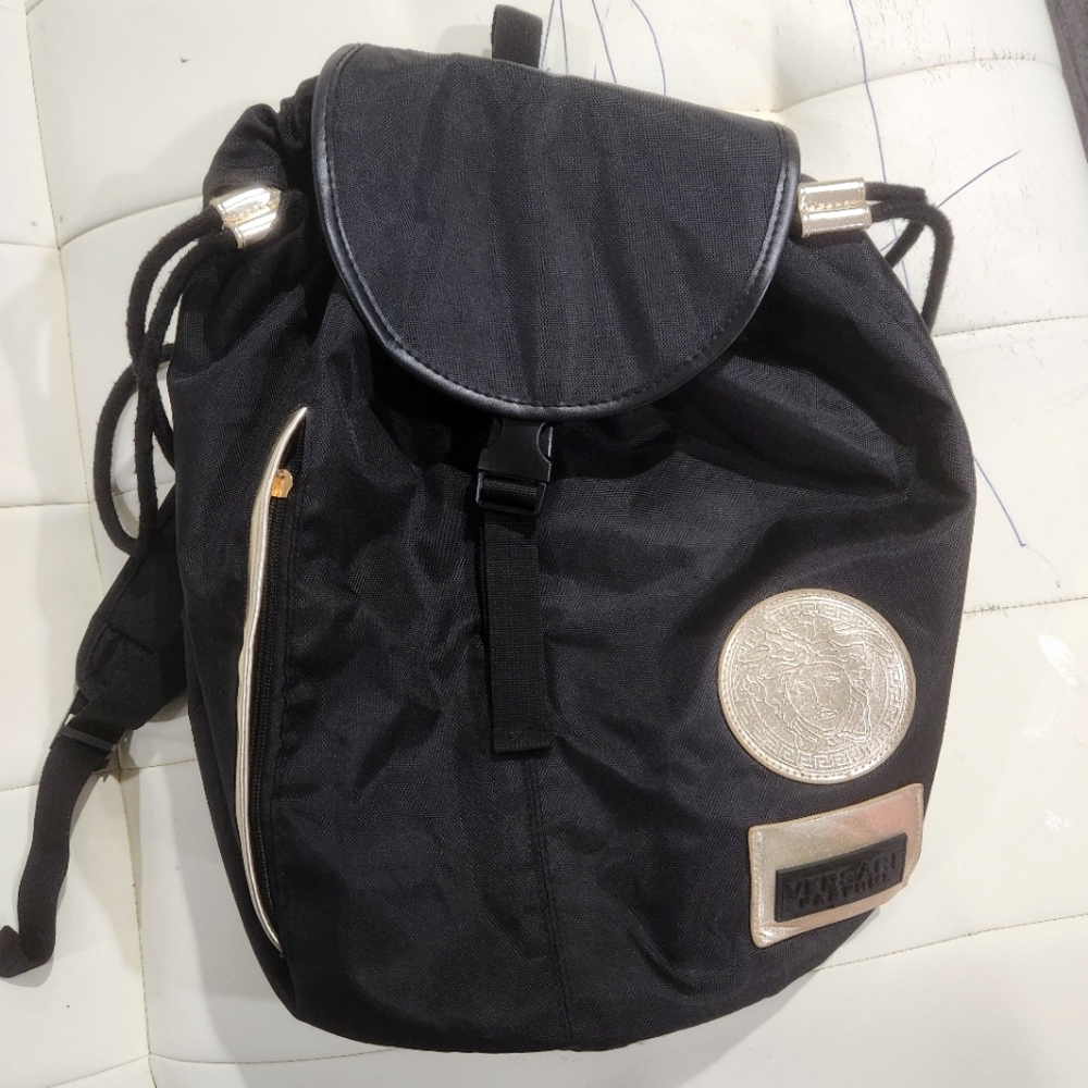Versace Black Backpack with Gold Accents